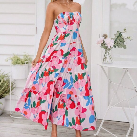 Pink Casual Women's Woven Printed Strap Dress - Picture 5 of 6